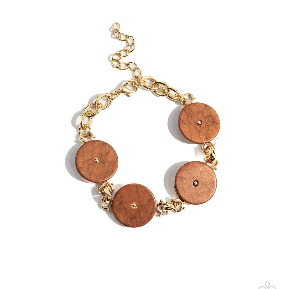 Paparazzi Gold and Tan Disc Bracelet Savory Season Marbled Brown Jewelry